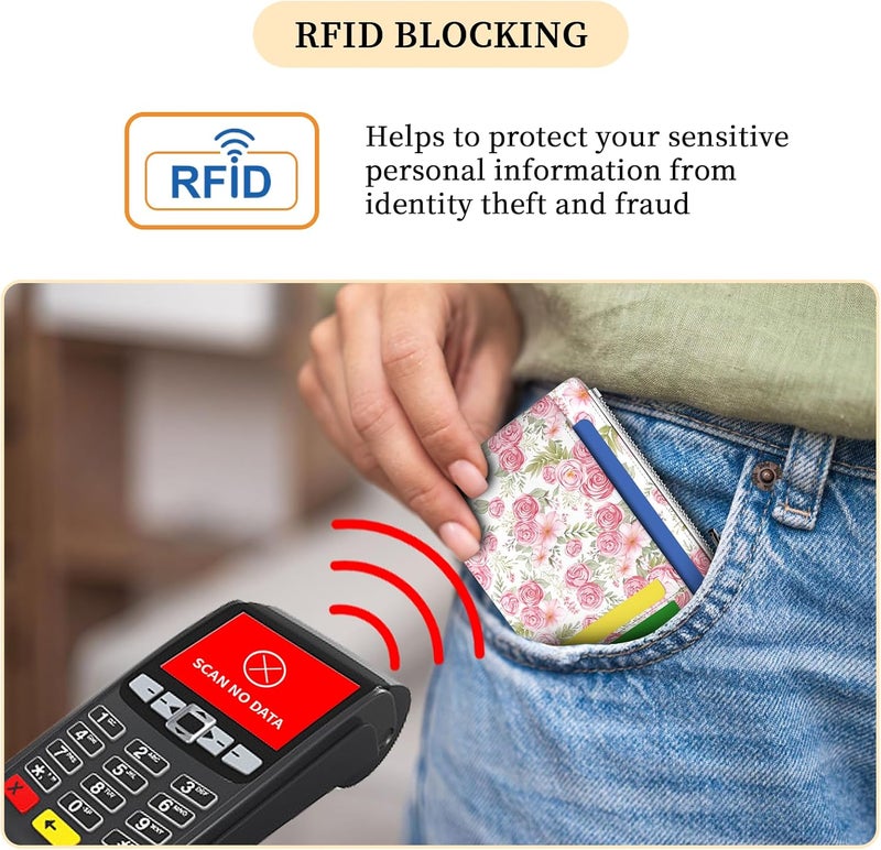 Hancynir Slim Wallet Women Credit Card Holder Rose Flower Floral RFID Blocking Small Cute Card Wallets Mini Front Pocket PU Leather Card Case Thin Travel Zipper Coin Cash Ladies Female Wallet Gifts - Image 4